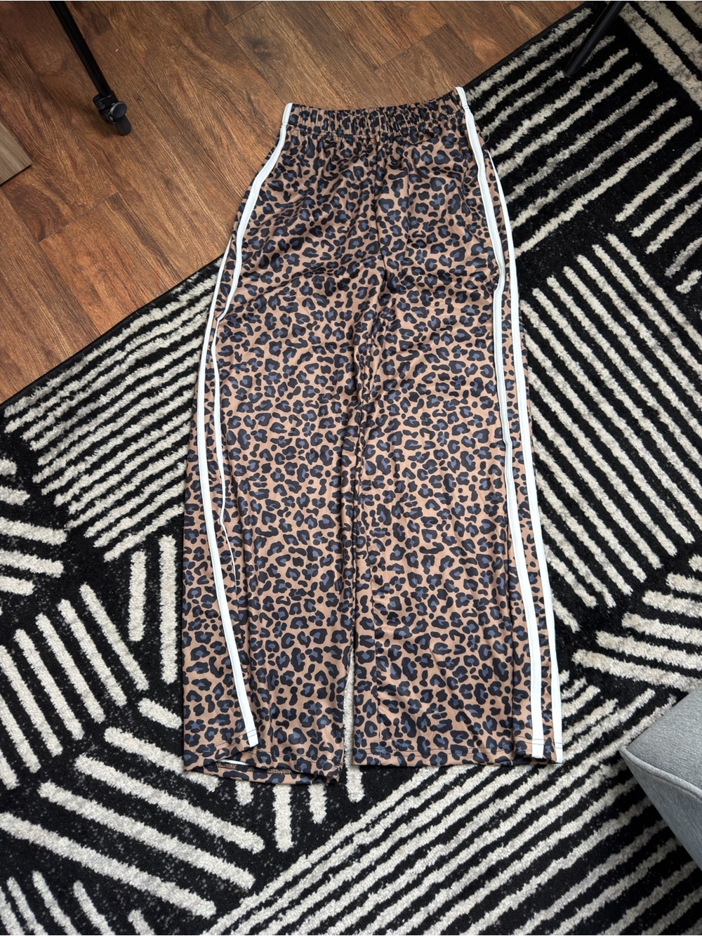 Leopard Print Wide Leg Track Pants with Side Stripe - Brown - Picture 3 of 4